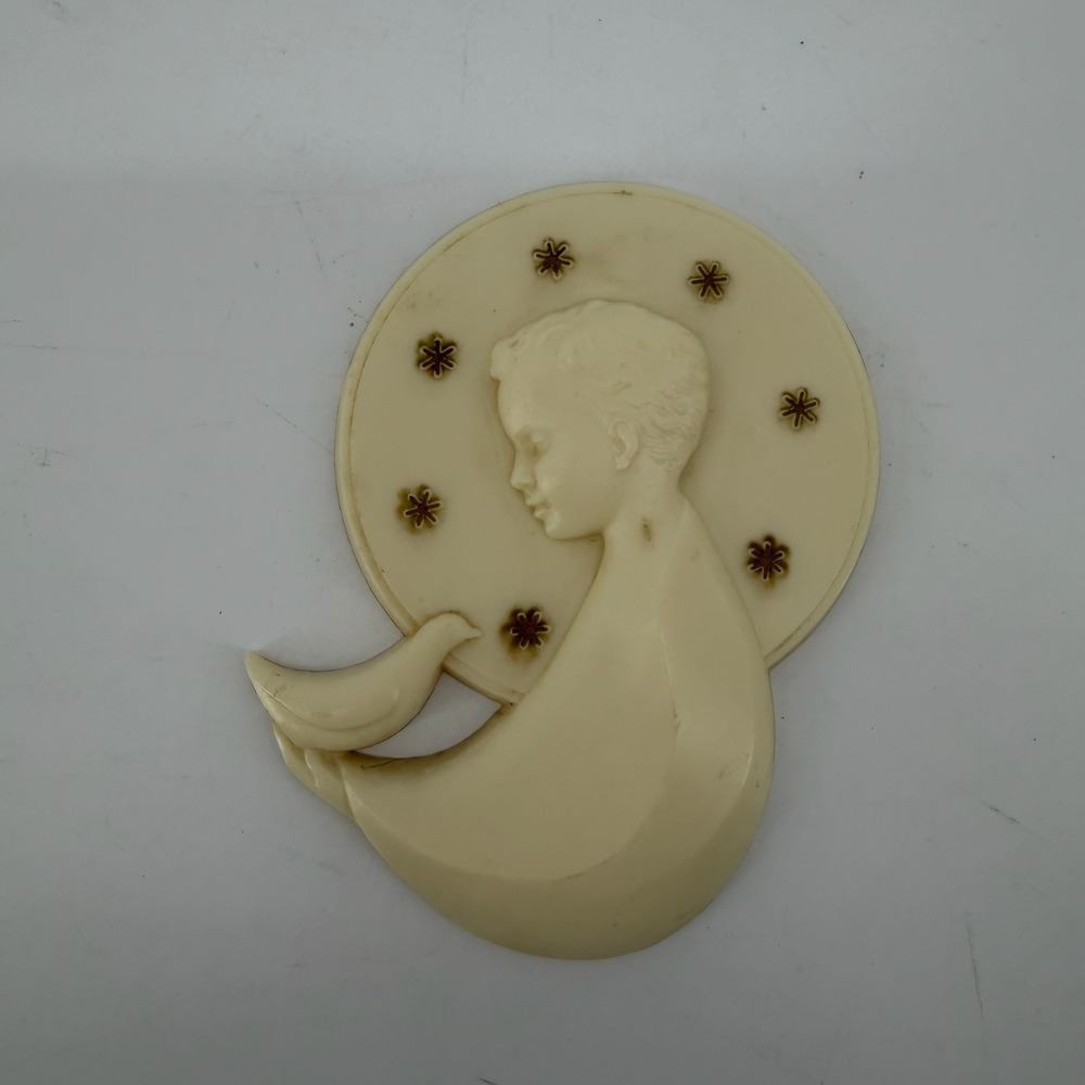 Vintage Italy Plastic Wall Plaque Religious Boy Angel with Dove Ivory Gold
